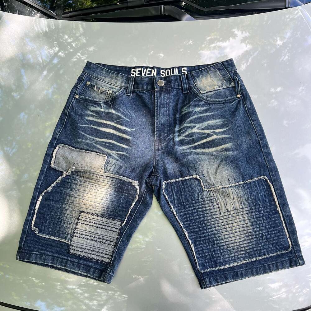 Seven Souls Select Men's Distressed Patchwork Denim Jean Shorts + 1 Free item